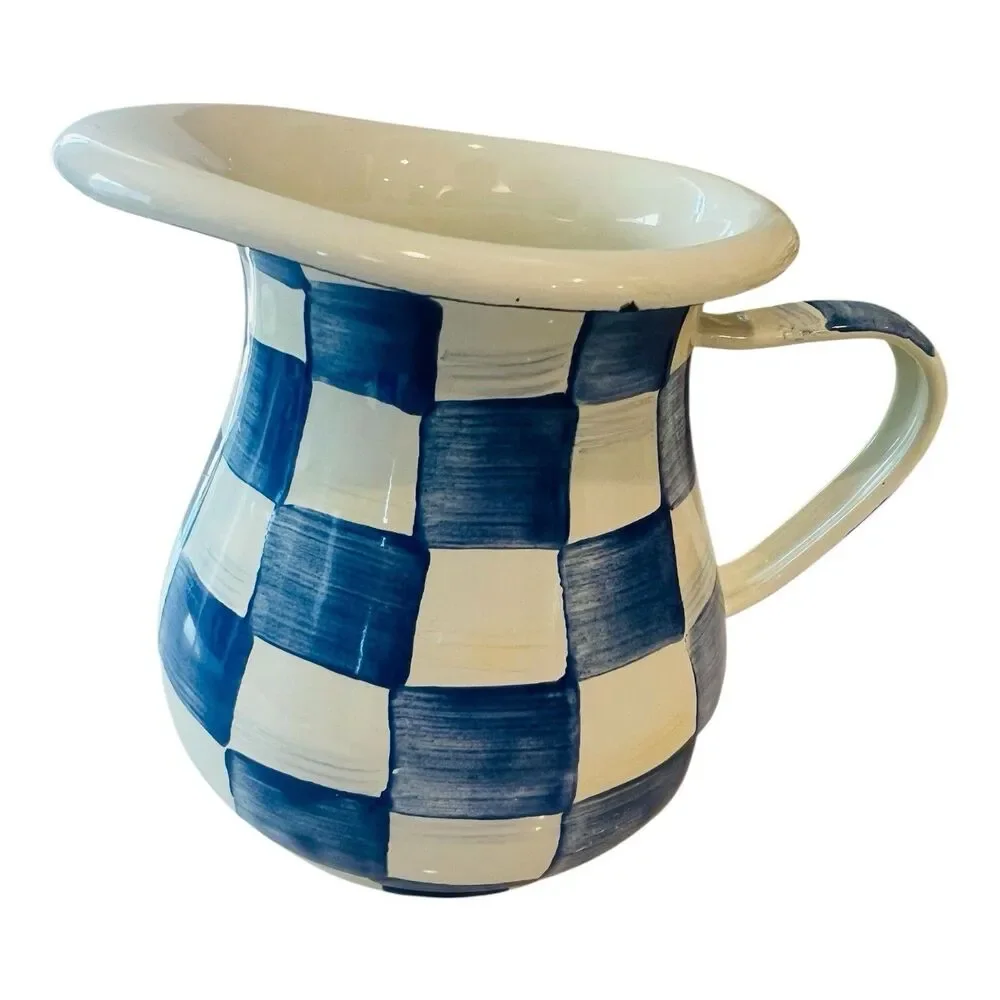 MacKenzie-Childs Blue Check Enamel Creamer Pitcher 14 Oz Hand Painted 4.5”